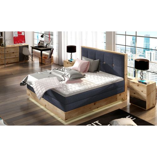 Schlafzimmer Bett Hochwertiges Boxspringbett ETNO Mit Bettkasten, Komfortabel und Elegant, Bonellfederkern, Premium Kaltschaum-Topper, Massivholz Eiche | 180x200 cm | Blau