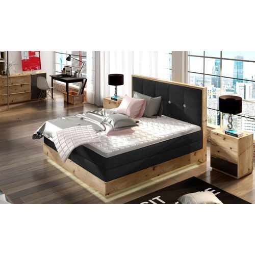 Schlafzimmer Bett Hochwertiges Boxspringbett ETNO Mit Bettkasten, Komfortabel und Elegant, Bonellfederkern, Premium Kaltschaum-Topper, Massivholz Eiche | 180x200 cm | Schwarz