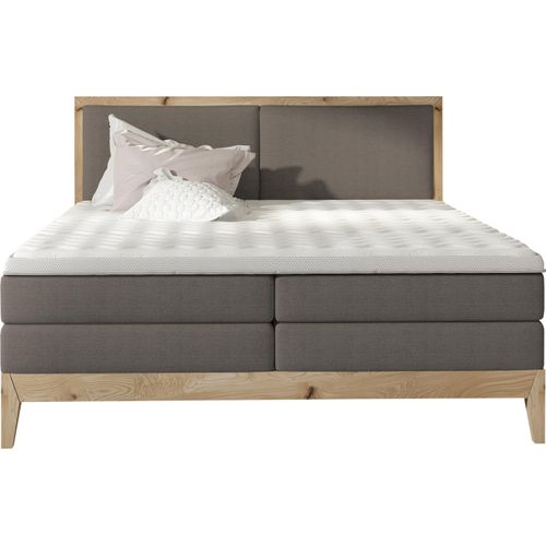 Schlafzimmer Bett Kontinentalbett IDA – Eiche Massivholz, 7-Zonen-Taschenfederkernmatratze, Premium Kaltschaum Topper – Boxspringbett Mit Beleuchtung | 140x200 cm | Dunkelgrau