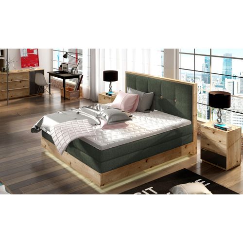 Schlafzimmer Bett Hochwertiges Boxspringbett ETNO Mit Bettkasten, Komfortabel und Elegant, Bonellfederkern, Premium Kaltschaum-Topper, Massivholz Eiche | 160x200 cm | Dunkelgrün