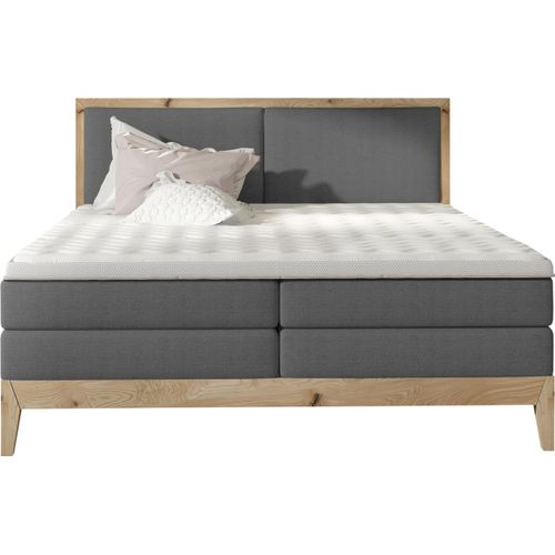 Schlafzimmer Bett Kontinentalbett IDA – Eiche Massivholz, 7-Zonen-Taschenfederkernmatratze, Premium Kaltschaum Topper – Boxspringbett Mit Beleuchtung | 140x200 cm | Graphit