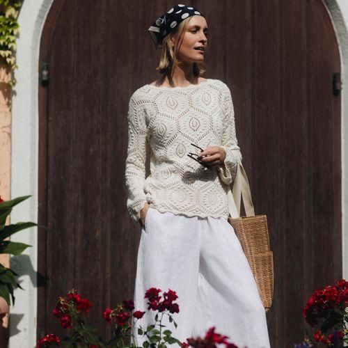 Noppenpullover, Damen,  Weiß, Baumwolle, by Lands' End