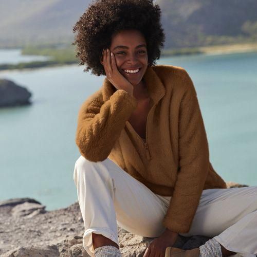 Plüschfleece-Pullover mit Reißverschluss, Damen,  Beige, Polyester, by Lands' End
