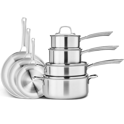 7-Teiliges Edelstahl-Kochgeschirr-Set3 Bratpfannen (20/24/28) 1 Tiefe Bratpfanne (24)2 Milchpfannen (16/18) 1 Suppenpfanne (26), mit 4 Deckeln