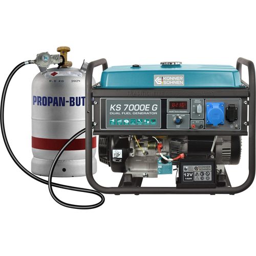 Könner & Söhnen KS 7000E G, 5000 W, 230 V, 25 l, Flüssiggas (LPG), Benzin, Manuell, 5,5 kVA