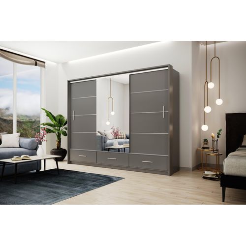 Modern Sideboard Kleiderschrank mit LED Beleuchtung MARSYLIA 250 cm, Schiebtürenschrank aus Holz, Garderoben organizermit Schubladen (Grau)