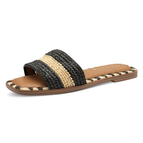 Pantolette TAMARIS, Damen, Gr. 37, schwarz (schwarz, beige), Bast, Schuhe, Blockabsatz, Sommerschuh, Strandschuh, zweifarbige Bast-Umrandung