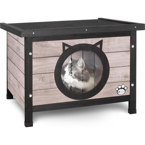 Hölzernes Katzenhaus mit Asphalt-Dach und Katzenohren-Design, Katzenklo, 57x45x43 cm, Grau