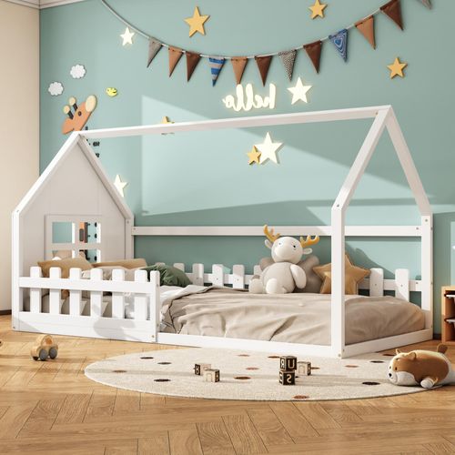 Sweiko 90x200cm Flachbett, Kinderbett, Hausleiste, weiß