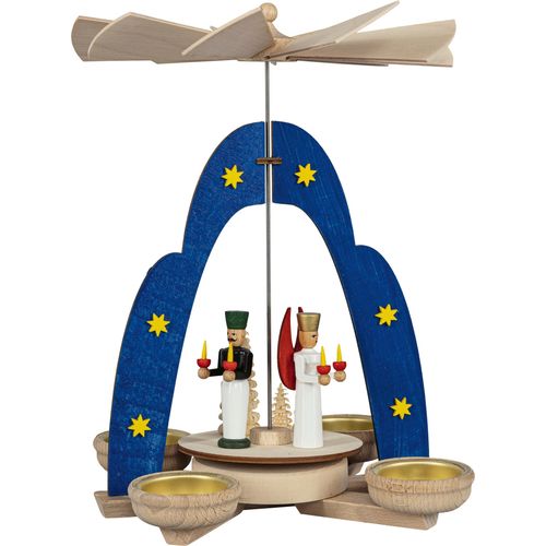 Weihnachtspyramide SAICO ORIGINAL "Tischpyramide, Engel und Bergmann", blau, B:17cm H:25cm T:17cm, Holz teilmassiv, Sperrholz, Weihnachtspyramiden, Weihnachtspyramide, für 4 Teelichte, HxØ: 25x17 cm