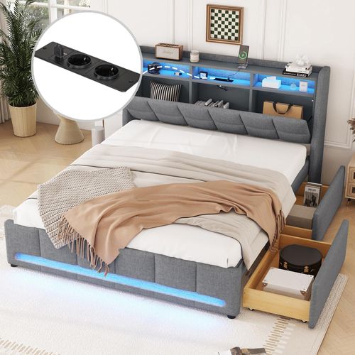 Merax Polsterbett 140x200 cm, Bett mit LED-Beleuchtung, USB Steckdose, Flachbett mit Schubladen, Regal und Staufach, Leinen, Grau
