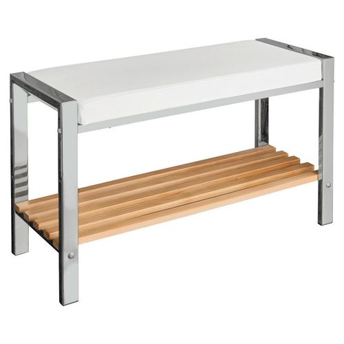 Badhocker , Weiß, Kiefer, Chrom , Holz, Metall, Textil , Kiefer , 80x48x31 cm , Made in Germany , Badaccessoires, Duschzubehör, Badhocker