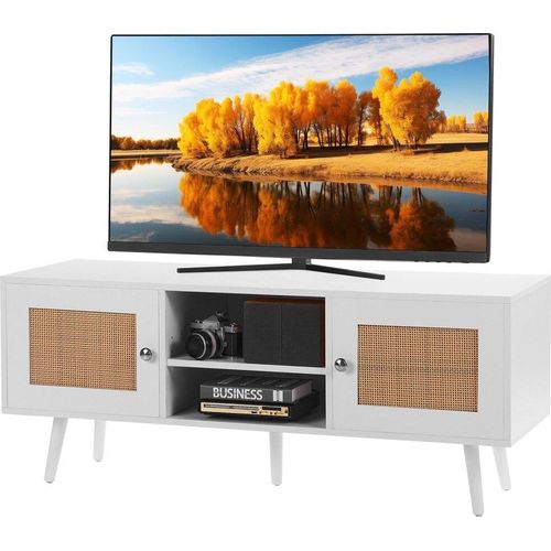 Rattan-TV-Ständer - Boho-TV-Schrank für 140 cm Fernseher - Retro-TV-Konsole mit verstellbaren Regalen & 2 Türen - ideal für Wohnzimmer und Medienraum - Weiß