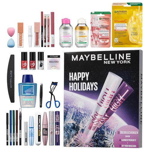Maybelline New York Adventskalender 2025 mit 31 Türchen, 26 Originalprodukten & 5 Goodies, inkl. 2 Sky High Mascara & 4 Garnier Skincare Highlights