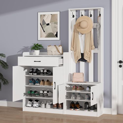 STILVORA Garderoben-Set mit Kleiderablage,Schuhwechselbank und Schuhschränke,Flurmöbel Matt aus PB,Flurgarderobe mit Schuhwechsler-Set,weiß