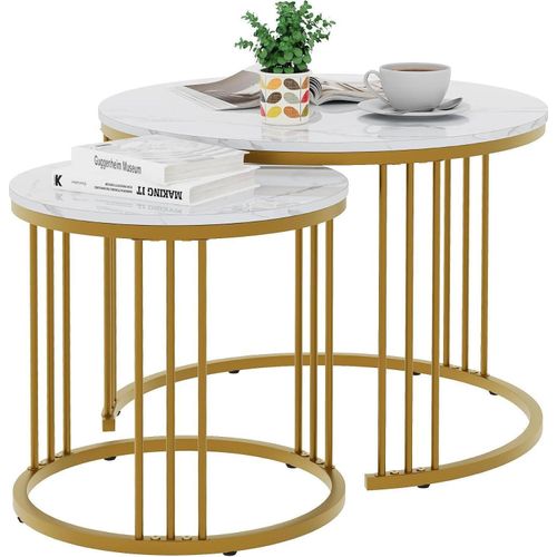 2er-Set Runde Couchtische Metallrahmen Gold 60 cm - Wohnzimmer Schlafzimmer Büro Wohnung