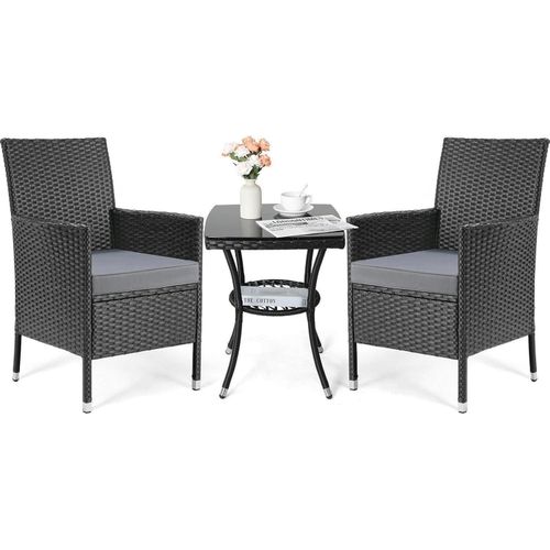 3tlg Rattan Gartenmöbel Set Balkon Lounge Set mit Kissen und Glastisch