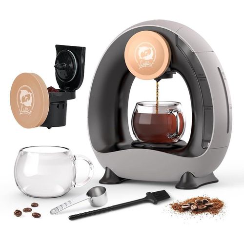 Einmal-Kaffeemaschine mit Filter für gemahlenen Kaffee, Americano Mini-Kaffeemaschine für eine Tasse, One-Touch-Bedienung, 4-8 oz Brühgrößen (Grau)