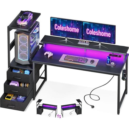 Gaming Tisch mit LED-Beleuchtung und Steckdose, Carbon Fiber, Schwarz, 151×50 cm