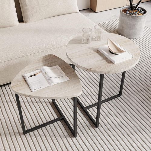 HOJINLINERO Runder Couchtisch 2er-Set Metall Holz stapelbar