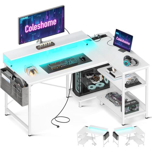 Gaming Tisch L Form mit LED Beleuchtung und Steckdosen 120x80cm Eckschreibtisch Weiß mit Regal - Coleshome