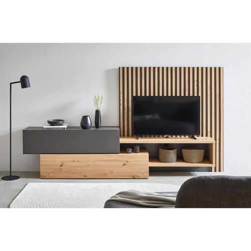 Carryhome Wohnwand , Grau, Eiche Artisan , Holzwerkstoff , 1 Fächer , 1 Schubladen , 288.5x152.5x42.5 cm , Wohnzimmer, Wohnwände, Anbauwände