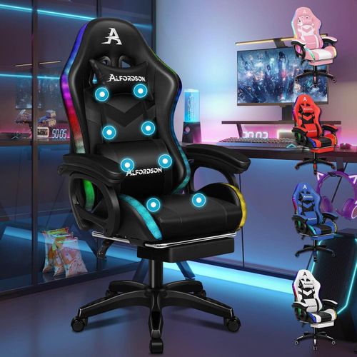 Gaming Stuhl Massage Gamer mit LED Farben RGB Beleuchtung Lordosenstütze Fußstütze Kunstleder Schwarz