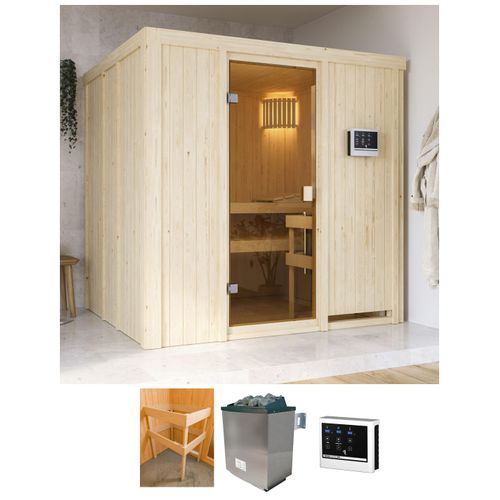 Sauna KARIBU "Tromsö", beige (natur), Bio-Ofen, externe Steuerung, 9 kW, Saunen, Ofen 9 kW Bio externe Strg easy