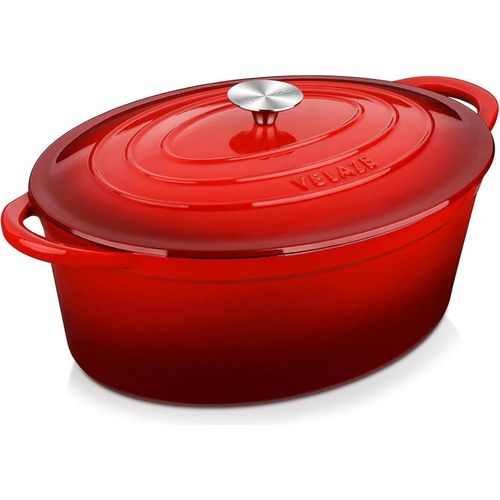 Velaze Gusseisen Bräter Emaille Topf mit Deckel 34cm Oval 7L Brotbackform Rot
