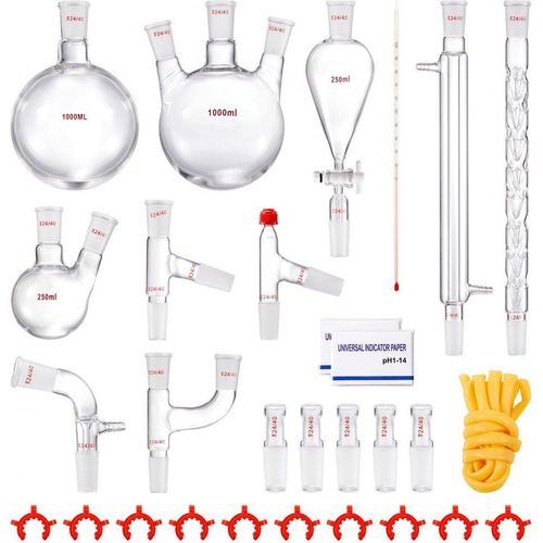 Labor-Destillationsset - 3,3-Boro-Laborglas-Destillationsset für Ätherische Öle - 1000 ml Destillationsgeräte-Set - 24- und 40-Verbindungen - 29-teiliges Glaswaren-Set