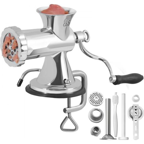 Manuelle 304 Edelstahl Fleischwolf - 5 & 8 mm Schneidplatten - Fleischmaschine mit Wurstrohr - Fleisch Gemüse Wurstfüllung Silber