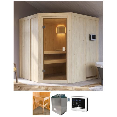 Sauna KARIBU "Bodo", beige (natur), Saunaofen, externe Steuerung, 9 kW, Saunen, Ofen 9 KW externe Strg easy