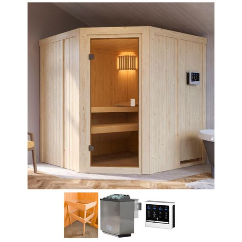 Sauna KARIBU "Bodo", beige (natur), Bio-Ofen, externe Steuerung, 9 kW, Saunen, Ofen 9 kW Bio externe Strg easy