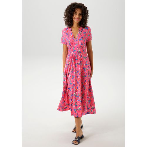 Sommerkleid ANISTON CASUAL, Damen, Gr. 46, N-Gr, pink (pink, royalblau, smaragdgrün, orange, rot, weiß, fuchsia), Single Jersey, Obermaterial: 95% Viskose, 5% Elasthan, bedruckt, geblümt, festlich, figurumspielend wadenlang, V-Ausschnitt, Kleider Sommerkleid, mit kunstvollen Blüten und Blättern bedruckt