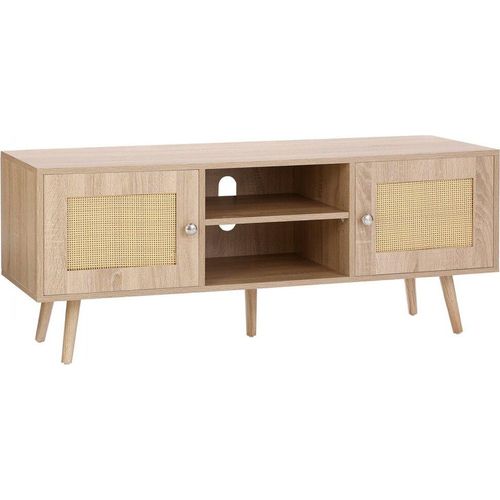 Rattan-TV-Ständer - Boho-TV-Schrank für 140 cm Fernseher - Retro TV-Konsole mit verstellbaren Regalen & 2 Türen - ideal für Wohnzimmer und Medienraum - Eiche
