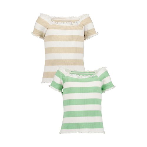 Carmenshirt BLUE SEVEN, Mädchen, Gr. 104, kiesel, sea, Single Jersey, Obermaterial: 95% Baumwolle, 5% Elasthan, geringelt, gestreift, regular fit normal, Carmenausschnitt, gewellter Abschluss, Shirts, mit gewellten Kanten und romantischem Carmen-Ausschnitt