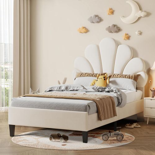 Fortuna-Lai Polsterbett Einzelbett 90 x 200 cm - mit Blütenförmigem Kopfteil, Lattenrost, Samt - für Erwachsene und Kinder - Beige