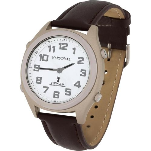 Sprechende Funk-Armbanduhr weiß Damen / Herren Sprachausgabe Lederarmband
