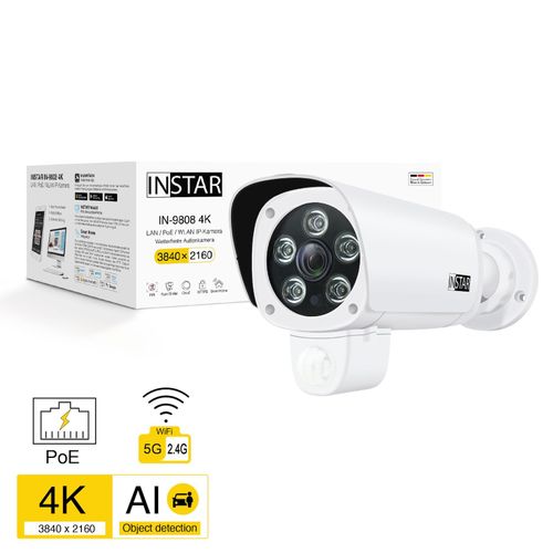 INSTAR IN-9808 4K starre Außenkamera / IP Kamera / Überwachungskamera mit LAN / WLAN und PoE, Weiß