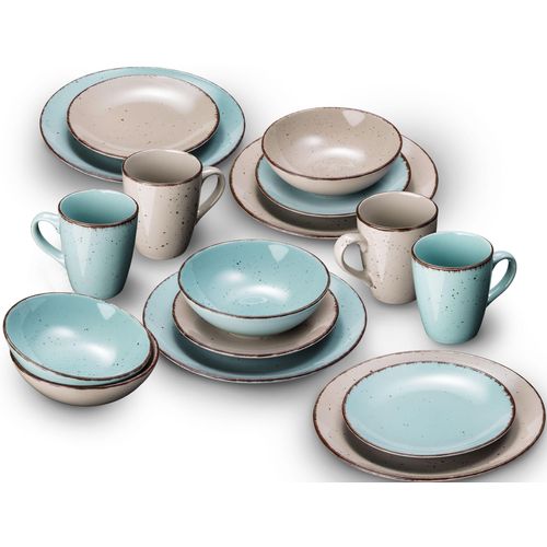 Kombiservice ARTE VIVA "Geschirr-Set, Service Puro", blau (türkis, beige), 16 Stk., Steinzeug, Geschirr-Sets, Kombiservice, vom Sternekoch Thomas Wohlfarter empfohlen, 16 Teile, für 4 Personen