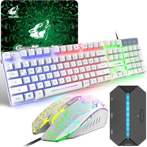 Gaming Tastatur und Maus Set mit Adapter, QWERTZ German Layout Farbbeleuchtung Keyboard 6 Tasten 2400 DPI Maus und Mauspad, USB Verkabelt mit PS4