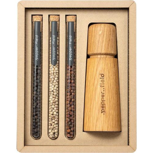 .pepper..field Natürliche Holzmühle mit Röhrenset mit Kampot Pfeffer 3 × 10 g