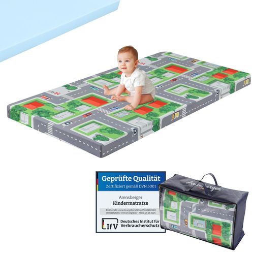 Arensberger Kinderreisebett Matratze 60x120 cm – faltbare Baby- & Kindermatratze mit Stadtmotiv, Nanocell Gelschaum, abnehmbarer Bezug & Tragetasche