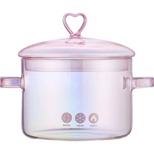 Glas-Kochtopf mit Deckel - transparente Glas-Topf zum Kochen auf dem Herd - 1,5 Liter - Glas-Kochtopf für Pasta, Suppe, Milch, Tee (rosa)