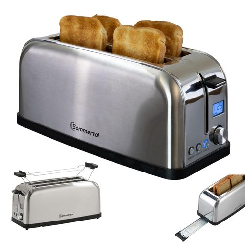 Sommertal Toaster ST1500 XXL, 4 Scheiben mit Brötchenaufsatz, Display mit Timer und Restlaufanzeige, Langschlitztoaster Restlaufzeit, Retro Design Langschlitz Edelstahl 1500W