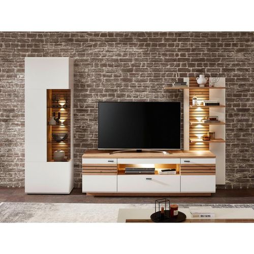 Stylife Wohnwand , Weiß, Eiche Artisan , Metall , 3 Glasböden 5 Holzböden Fächer , 1 Schubladen , 296x201x47 cm , Typenauswahl, Beimöbel erhältlich,