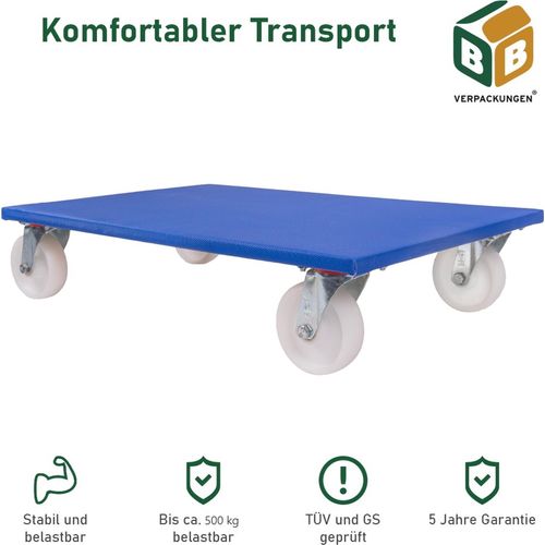 2 x Möbelroller (800 x 500 x 165 mm) 500 kg Traglast 4 Kunststoff-Lenkrollen spurloses Lenkverhalten Möbelhund BB-Verpackungen