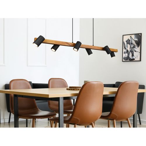 Trio Pendelleuchte MARLEY 6 flammig Schwarz mit Holzbalken
