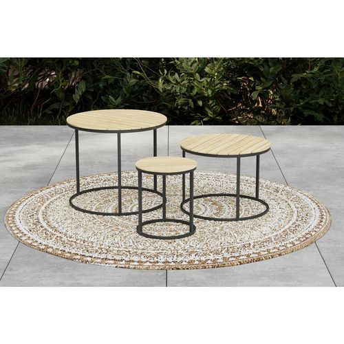 Ambia Garden Garten-Beistelltischset , Akazie , Holz, Metall , 3-teilig , Akazie , massiv , rund , rund , 76x56x36 cm , Balkonmöbel, Balkontische