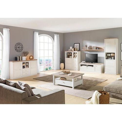 Hom`in Wohnwand , Grau, Weiß , Metall , 9 Fächer , 4 Schubladen , 330x209.2x50.1 cm , Beimöbel erhältlich , Wohnzimmer, Wohnwände, Anbauwände